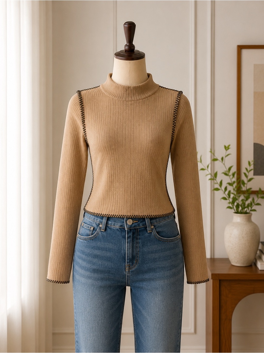 J.Crew Premium Rib Turtleneck Whipstitch Top Heather Caramel XL NWT